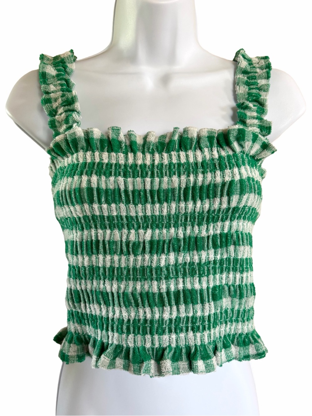 Loeffler Randall Fiona Green Gingham Smocked Cotton Tank Top S - Picture 2 of 9